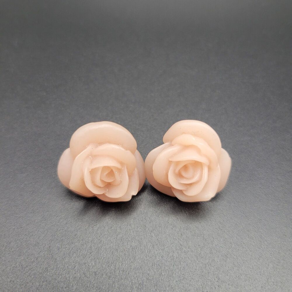 Vintage 10mm Carved Rose Studs Women Pink Angel Skin Coral Floral Retro Earrings